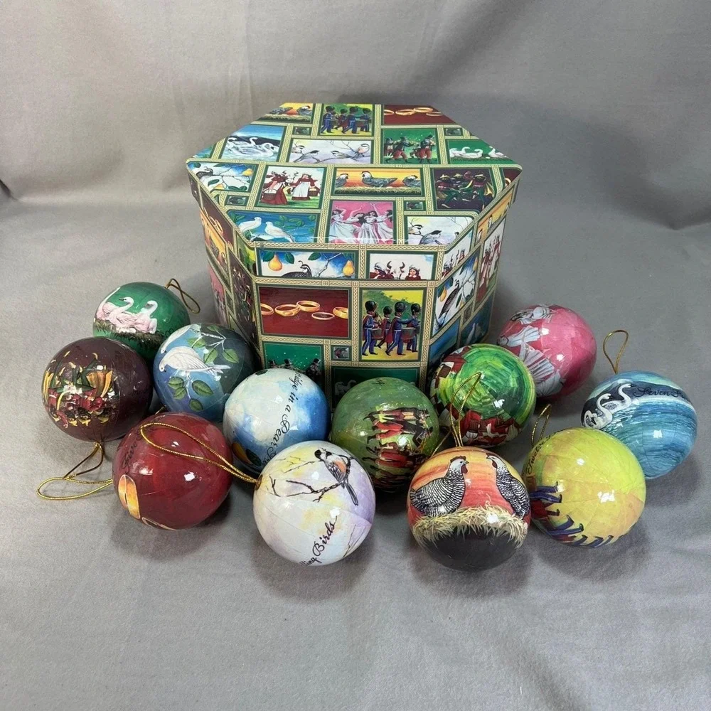 12 Days of Christmas Vintage Decoupage Ornament Set with Storage Box Complete